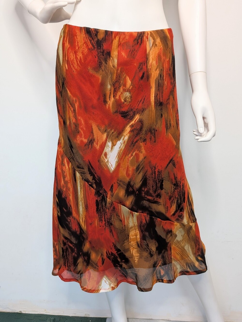 90s Flowy Layered Chiffon Orange & Brown Multi Color Abstract Pattern Midi Skirt